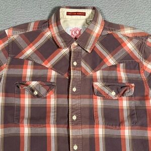 Christian Audigier Shirt Mens XL Brown Plaid Cotton Twill Double Pocket Preppy